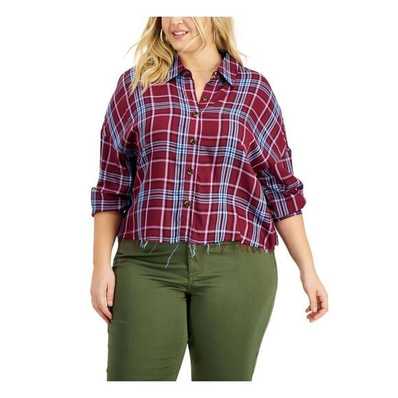 LOVE FIRE Womens Cuffed Sleeve Point Collar Button Up Top - Picture 1 of 4